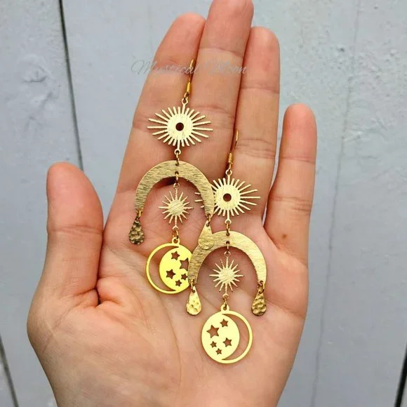 Cosmic Moon Chandelier Earrings with Sun & Moon Handmade Witchy Jewelry - Picture 4 of 5